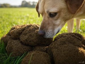 La imagen muestra a un perro olfateando una caca antes de comérsela